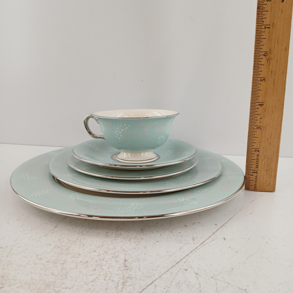 Castleton China “Corsage” Aqua Floral Dinnerware Set Of 5 Cup Plater Salad Bread - Picture 9 of 10
